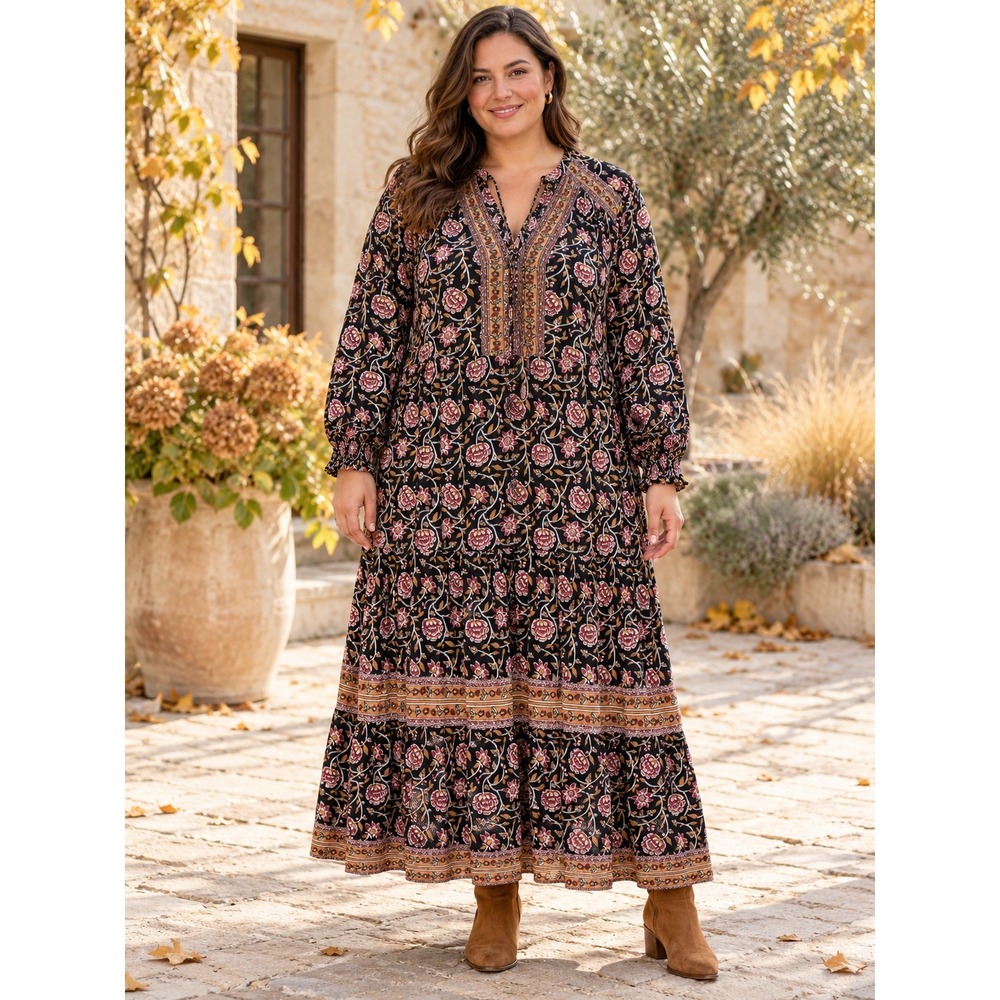 Knox Rose Floral Midi Dress Women XXL Black Brown Boho Tiered V-Neck Long Sleeve